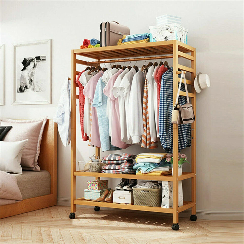 Heavy Duty Wooden Clothes Rail Rack Wardrobe w/ Wheels