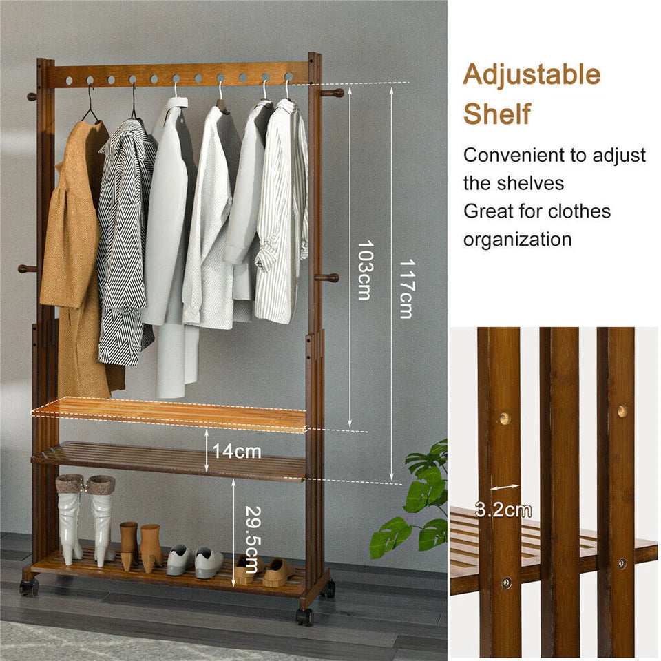 Wooden Clothes Rail Rack Garment Shoe Stand Open Wardrobe