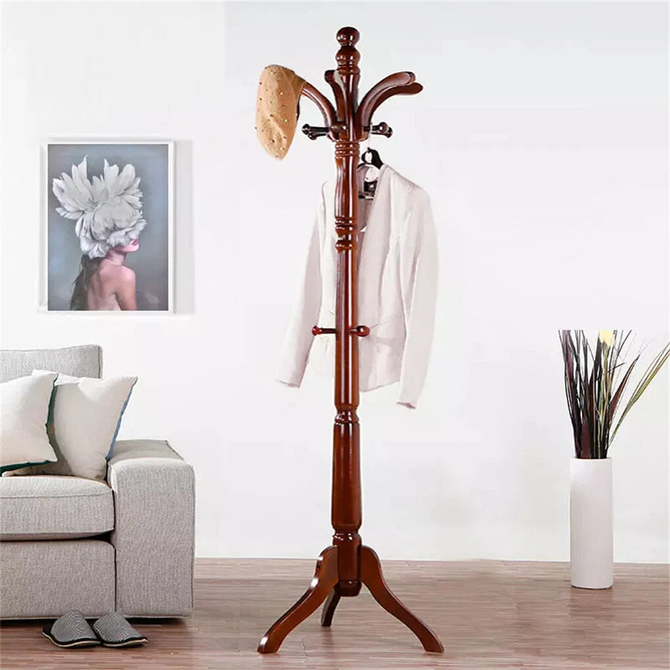 6ft Vintage Wooden Coat Rack Stand Floor Rack Clothes Hanger w 13 Hooks