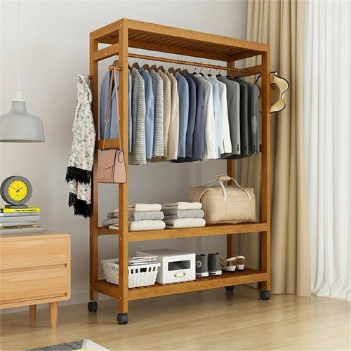 Heavy Duty Wooden Clothes Rail Rack Wardrobe w/ Wheels