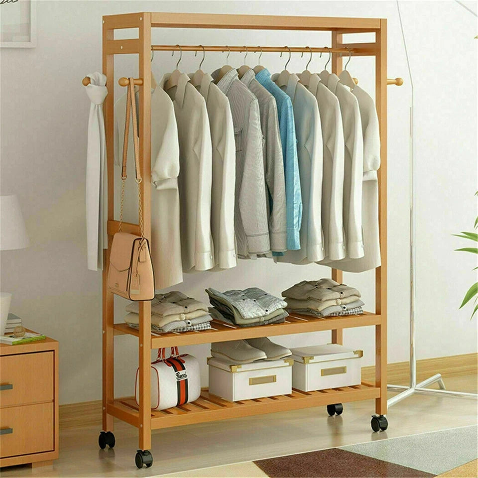 Heavy Duty Wooden Clothes Rail Rack Wardrobe w/ Wheels