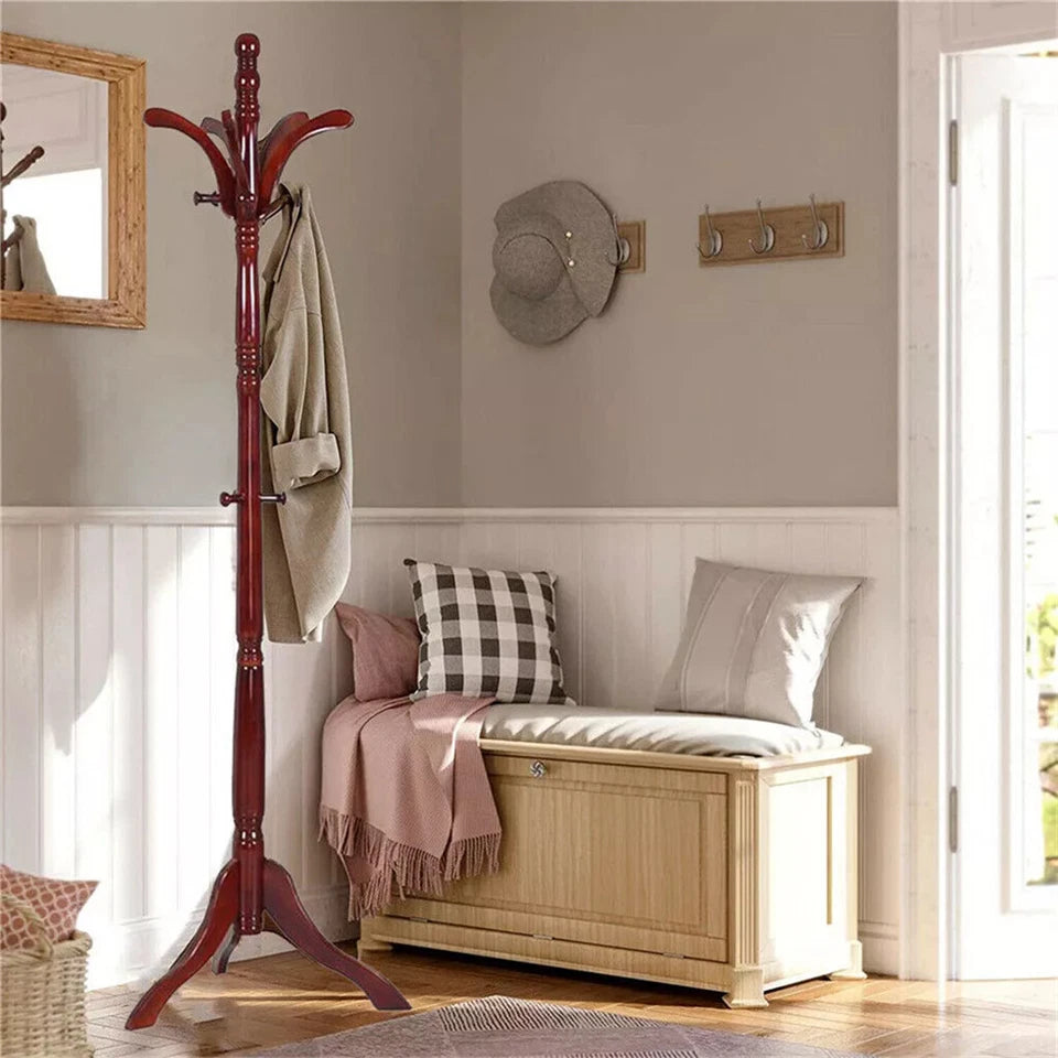 6ft Vintage Wooden Coat Rack Stand Floor Rack Clothes Hanger w 13 Hooks