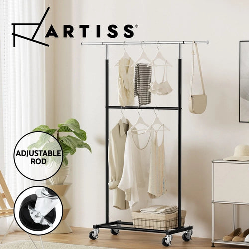 Double Rod Clothes Rack with Shelf & Wheels