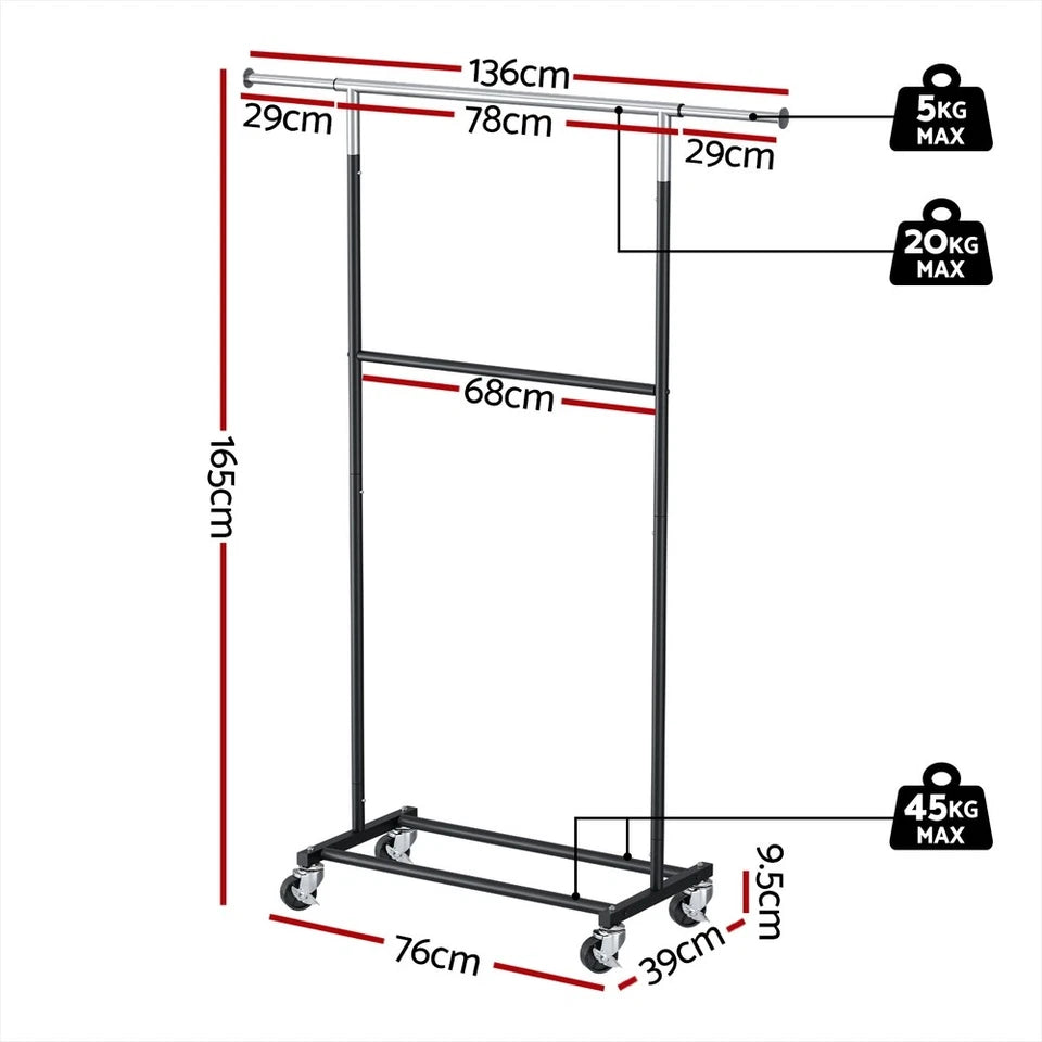 Double Rod Clothes Rack with Shelf & Wheels