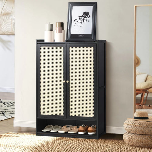 2 Doors Rattan Black Shoe Cabinet