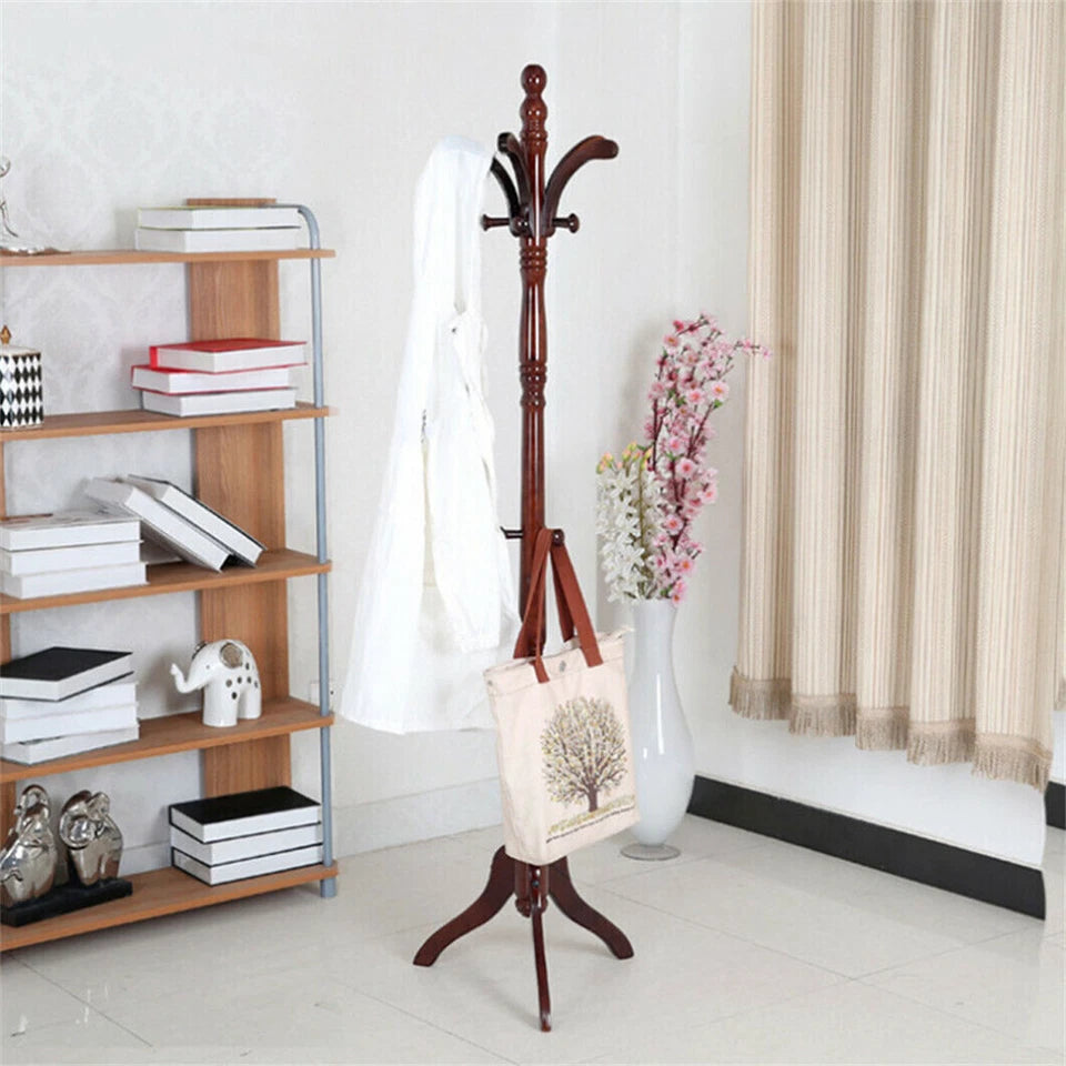 6ft Vintage Wooden Coat Rack Stand Floor Rack Clothes Hanger w 13 Hooks