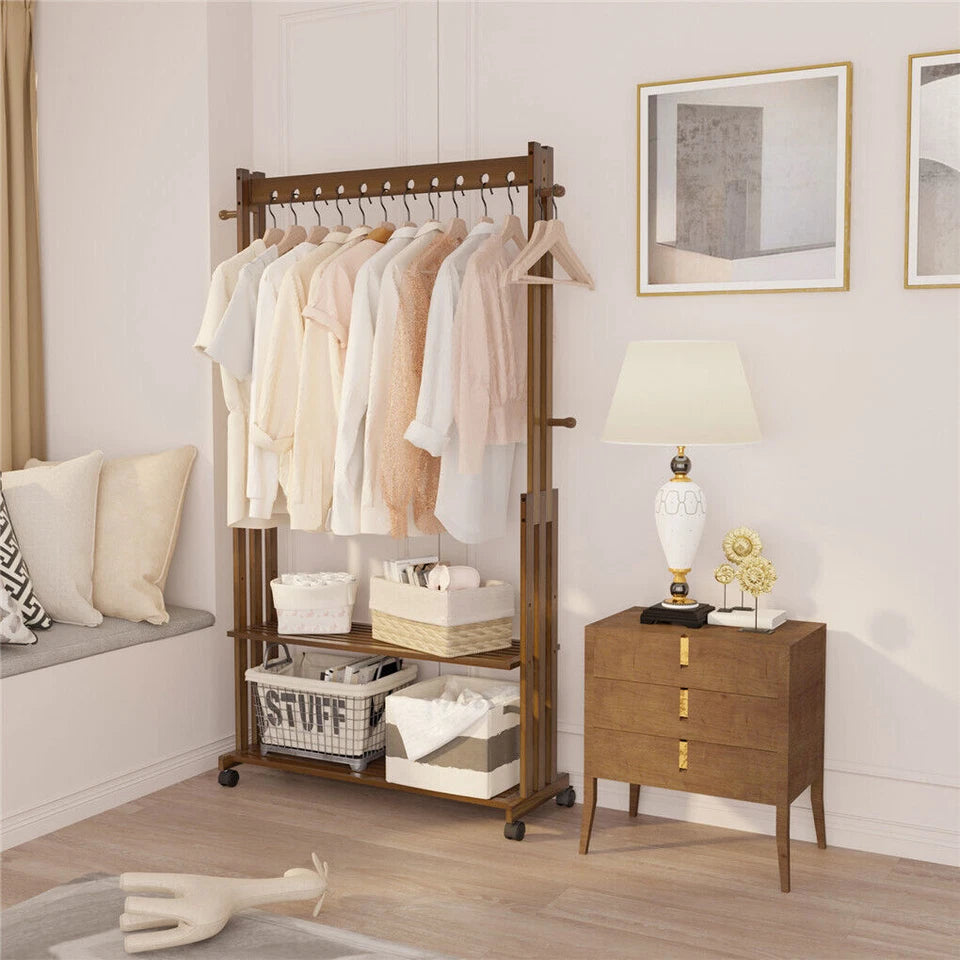 Wooden Clothes Rail Rack Garment Shoe Stand Open Wardrobe