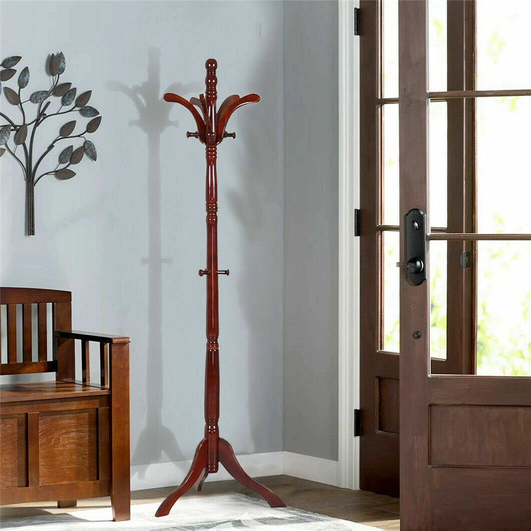 6ft Vintage Wooden Coat Rack Stand Floor Rack Clothes Hanger w 13 Hooks