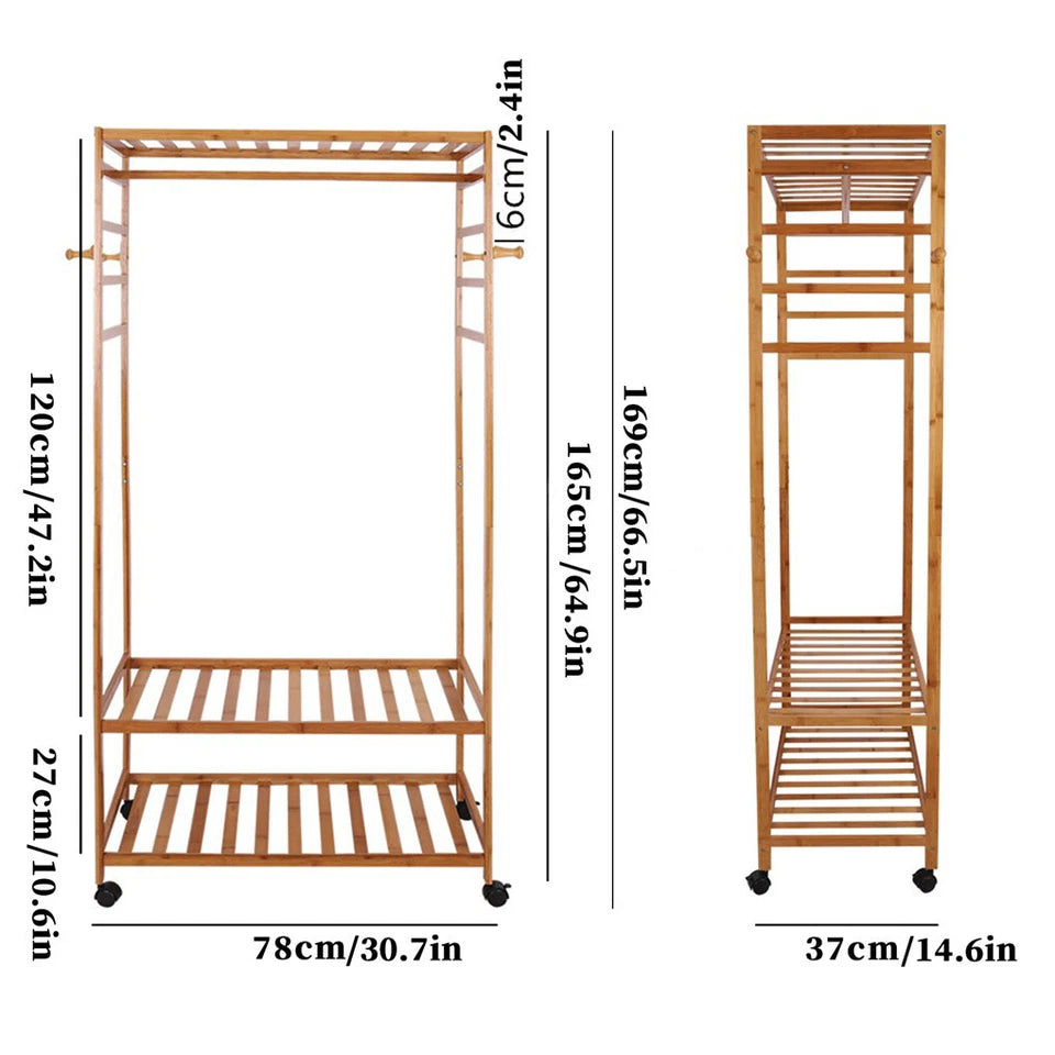Heavy Duty Wooden Clothes Rail Rack Wardrobe w/ Wheels