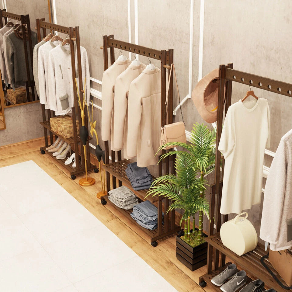 Wooden Clothes Rail Rack Garment Shoe Stand Open Wardrobe