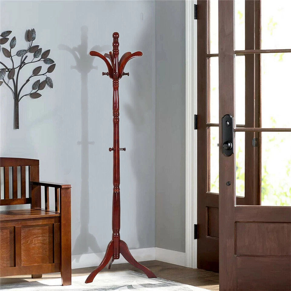6ft Vintage Wooden Coat Rack Stand Floor Rack Clothes Hanger w 13 Hooks
