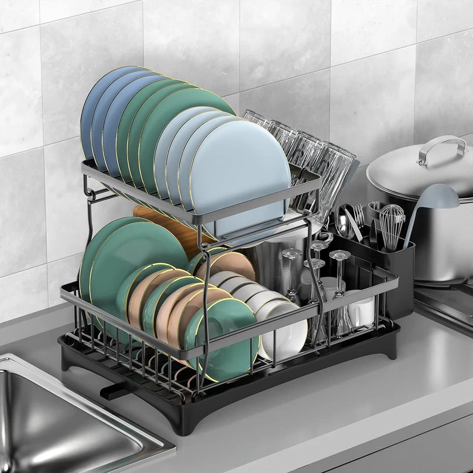 Dish Drying Rack with Cup Holder Tray Kitchen Organiser