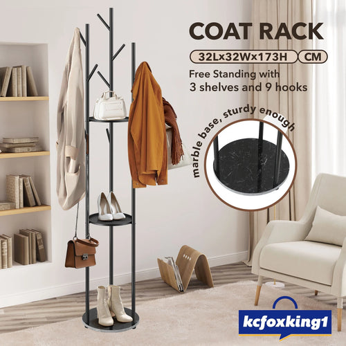 9 Hook Coat Rack Clothes Metal Tree Stand Hat Bag Hanger Holder Closet Black