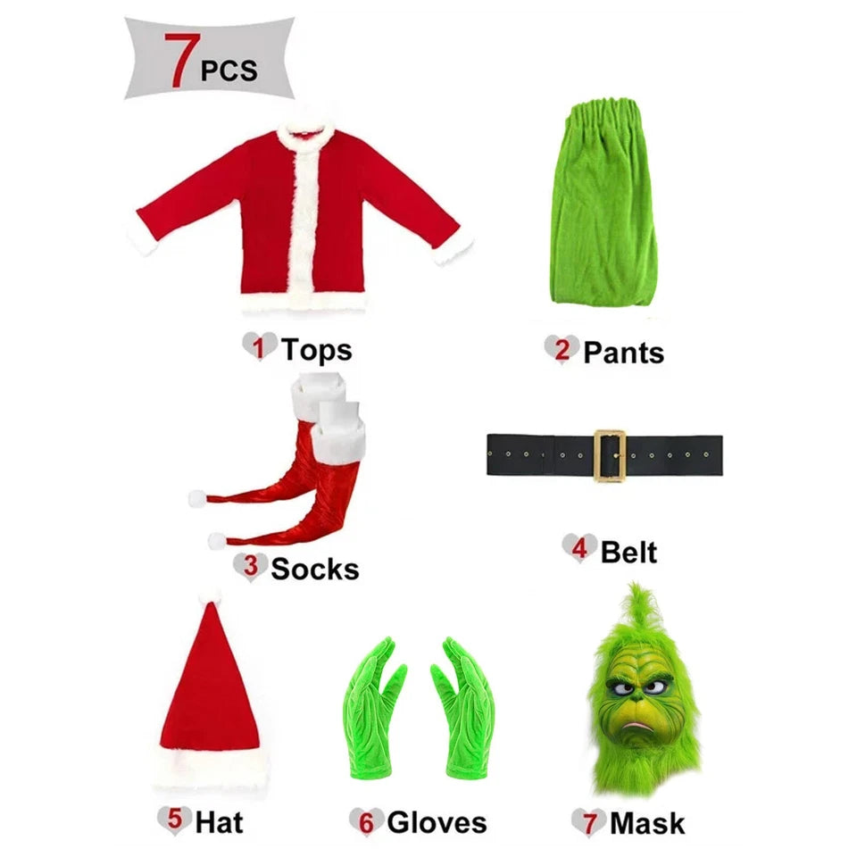 7Pcs Adults The Grinch Costume Xmas Party
