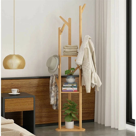 165cm Bamboo Clothes Tree Stand with Shelf Tripod Base
