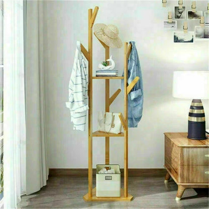 165cm Bamboo Clothes Tree Stand with Shelf Tripod Base