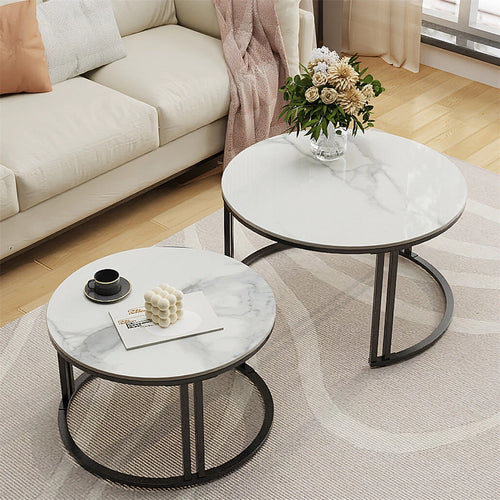 Set of 2 Nesting Sintered Stone Coffee Table (White)