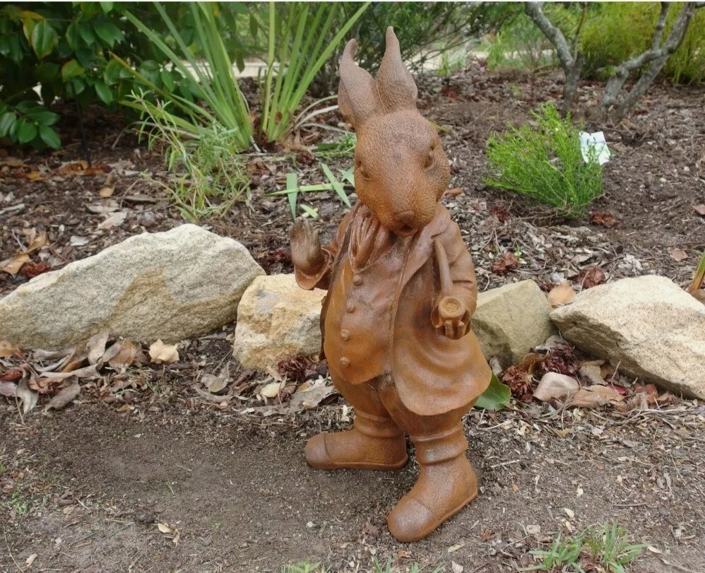 Rabbit Bunny Statue Rusty Cast Iron Garden Sculpture