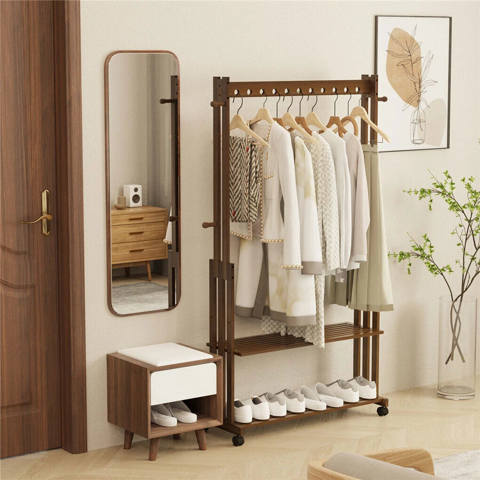 Wooden Clothes Rail Rack Garment Shoe Stand Open Wardrobe