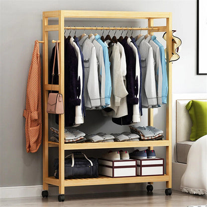 Heavy Duty Wooden Clothes Rail Rack Wardrobe w/ Wheels