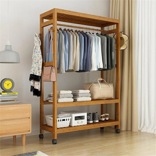 Heavy Duty Wooden Clothes Rail Rack Wardrobe w/ Wheels