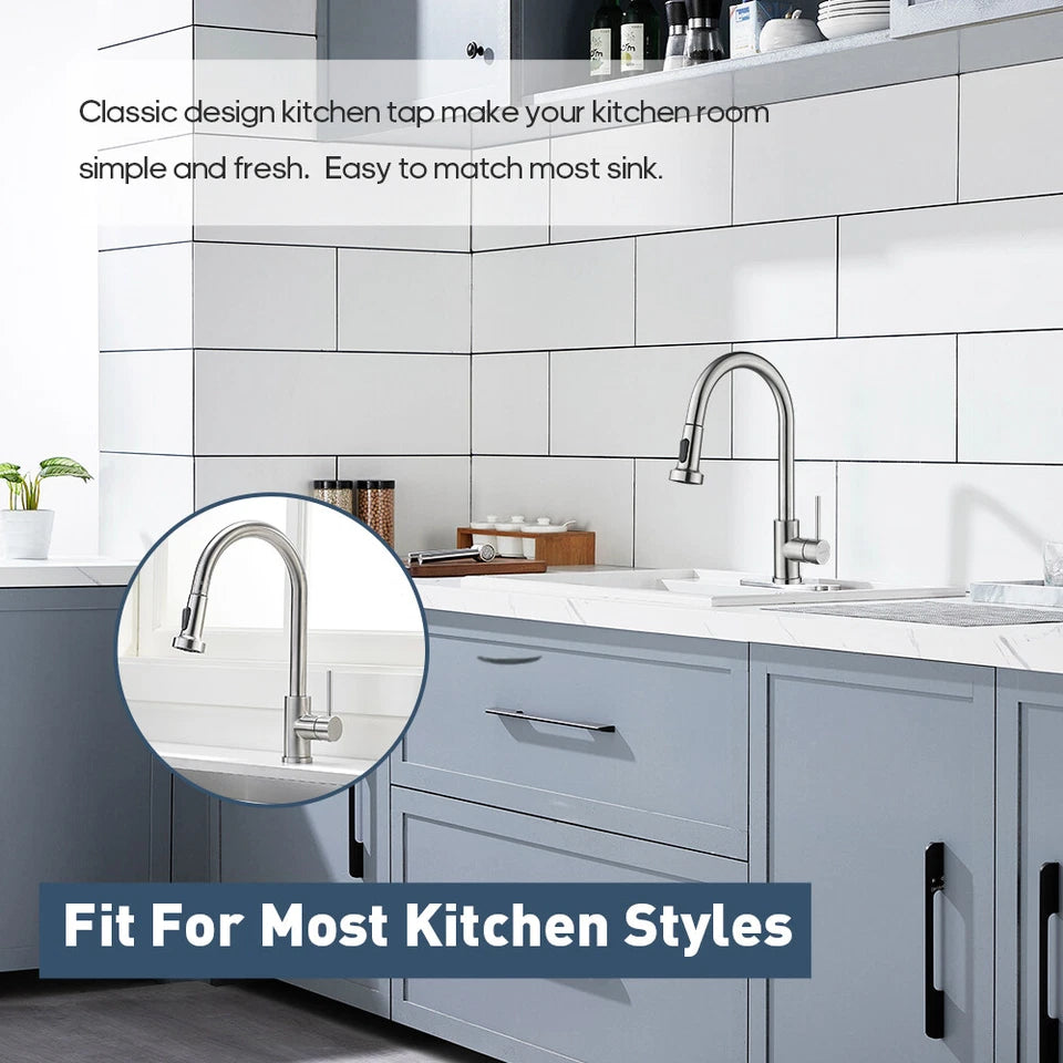 Kitchen Mixer Tap pull out Brushed Nickel 360° Swivel 2-Mode Spray