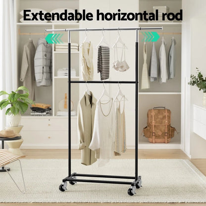 Double Rod Clothes Rack with Shelf & Wheels