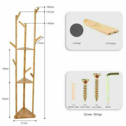 165cm Bamboo Clothes Tree Stand with Shelf Tripod Base