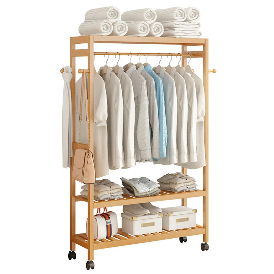 Heavy Duty Wooden Clothes Rail Rack Wardrobe w/ Wheels
