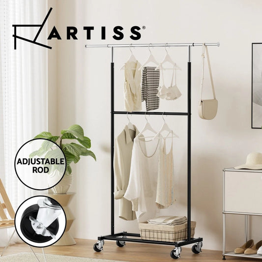 Double Rod Clothes Rack with Shelf & Wheels