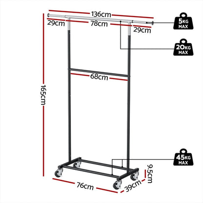 Double Rod Clothes Rack with Shelf & Wheels