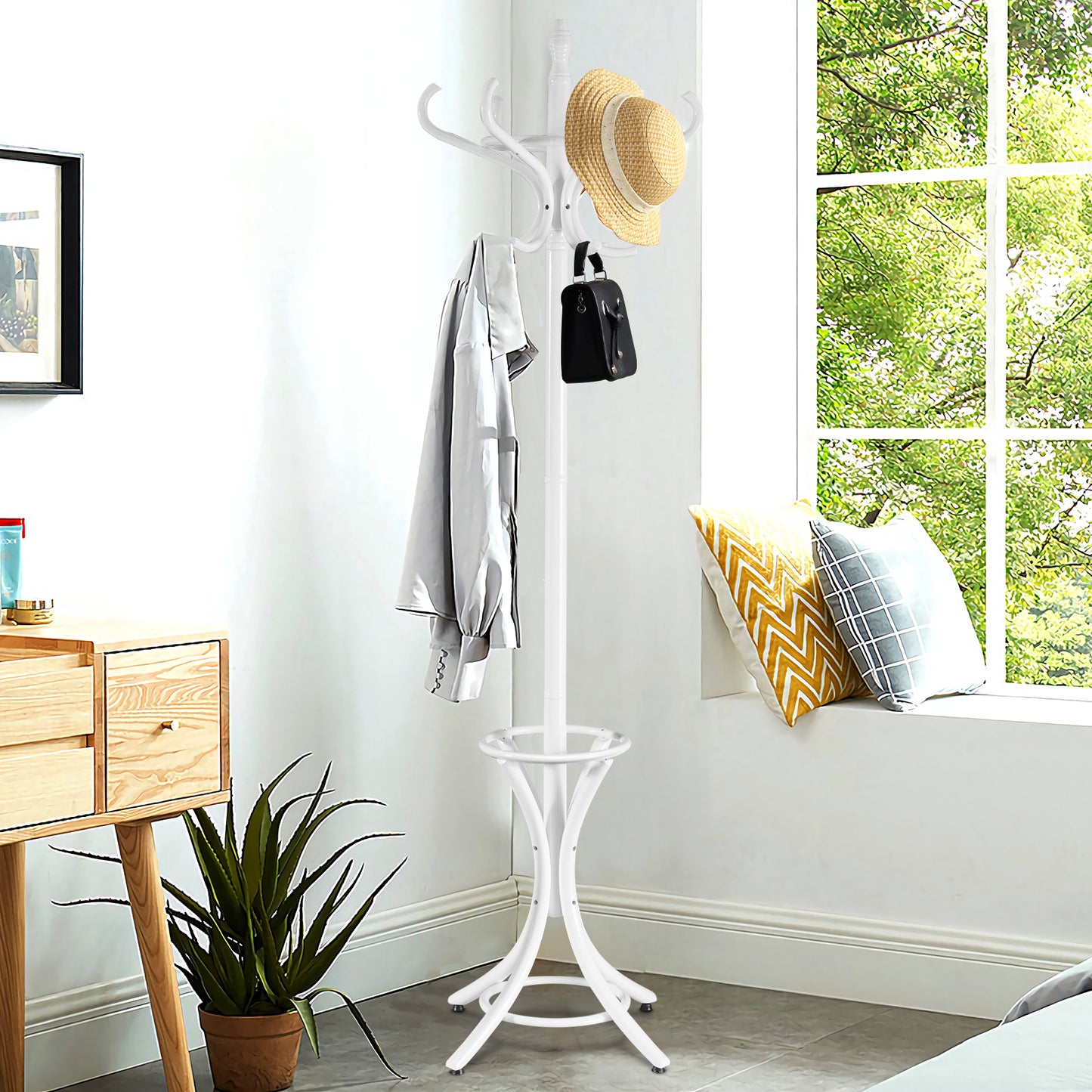 12 Hooks Wooden Stand Clothes Hat Bag Hanger w/Umbrella