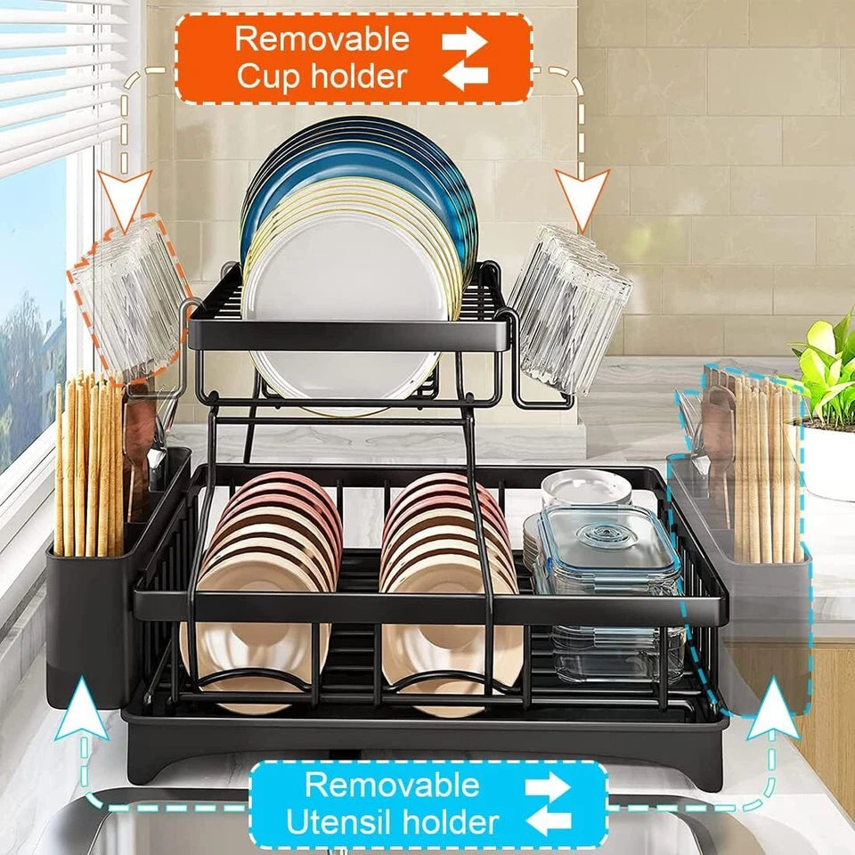 Dish Drying Rack with Cup Holder Tray Kitchen Organiser