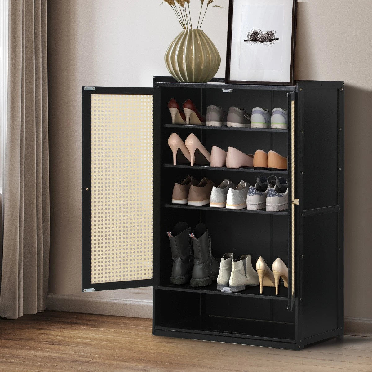 2 Doors Rattan Black Shoe Cabinet