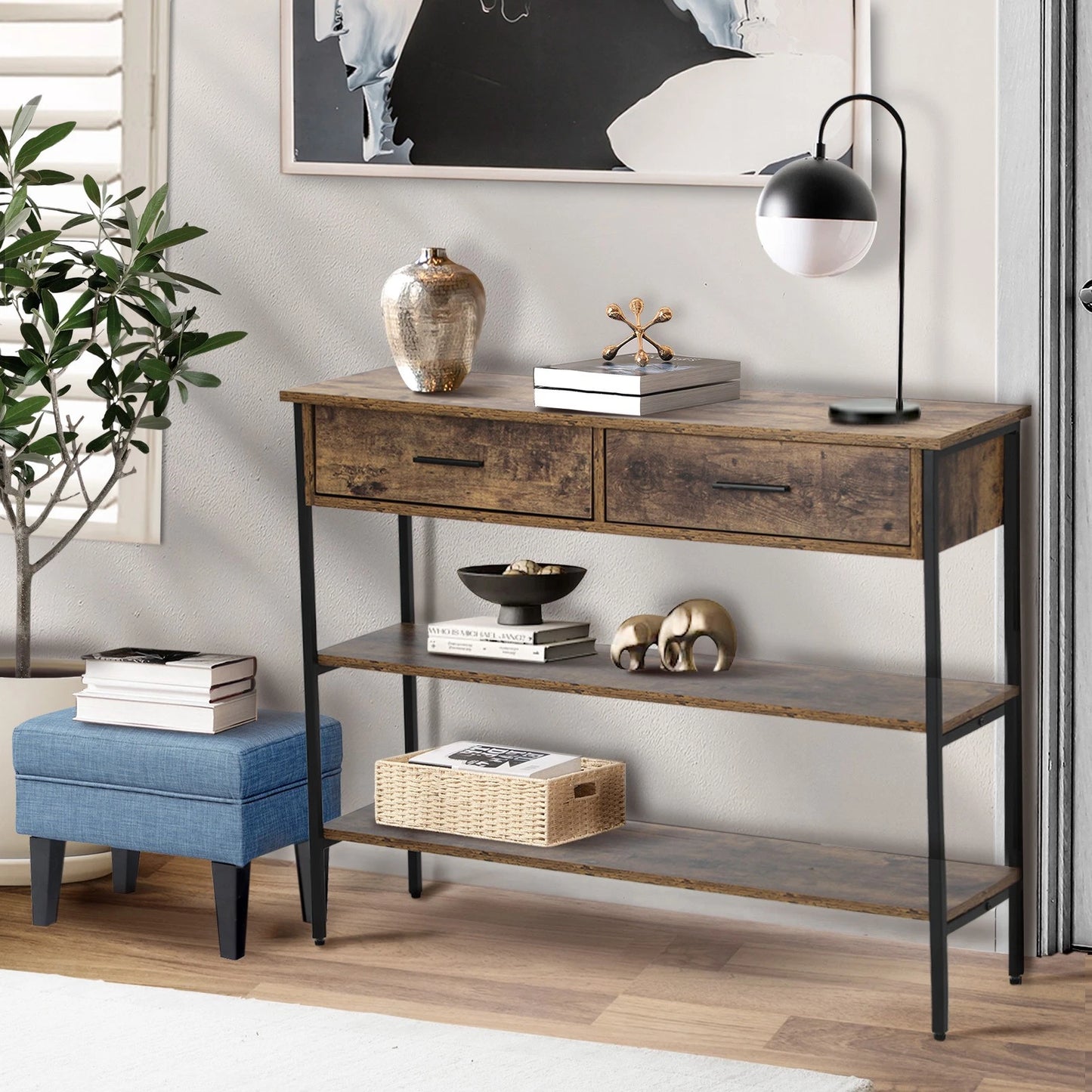 3-Tier Console Table Wood Sofa Table with 2 Drawers