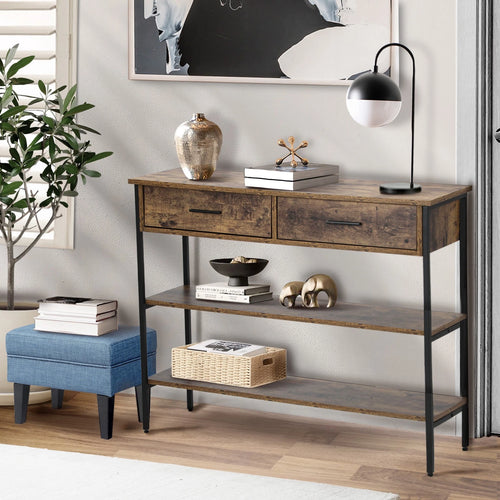 3-Tier Console Table Wood Sofa Table with 2 Drawers