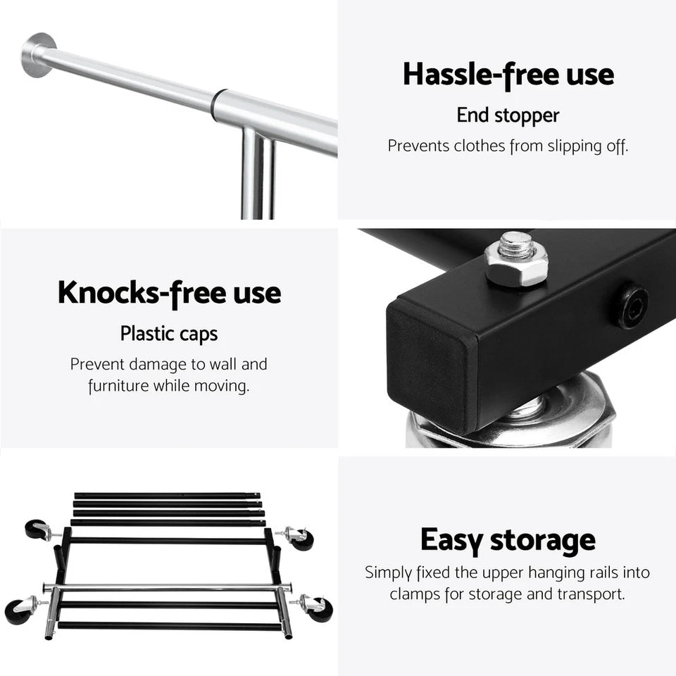 Double Rod Clothes Rack with Shelf & Wheels
