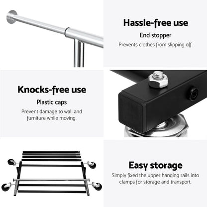 Double Rod Clothes Rack with Shelf & Wheels