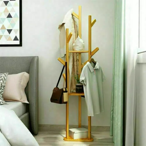 165cm Bamboo Clothes Tree Stand with Shelf Tripod Base
