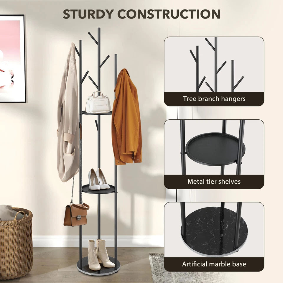 9 Hook Coat Rack Clothes Metal Tree Stand Hat Bag Hanger Holder Closet Black