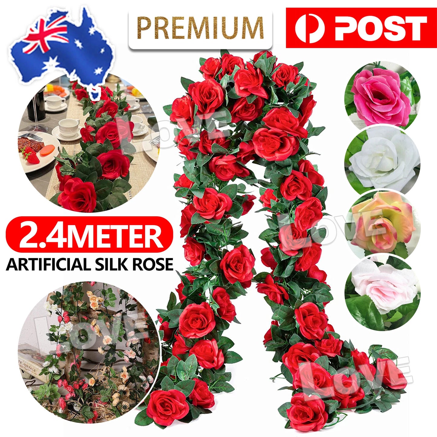 2.4m Artificial Silk Rose Flowers Fake Vine