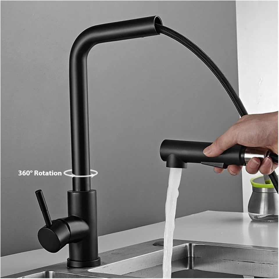 Black Kitchen Sink Faucet Pull Out 2-Mode Spray 360 Rotate Mixer Tap