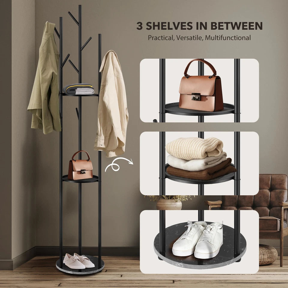 9 Hook Coat Rack Clothes Metal Tree Stand Hat Bag Hanger Holder Closet Black