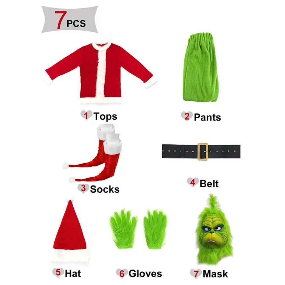 7Pcs Adults The Grinch Costume Xmas Party