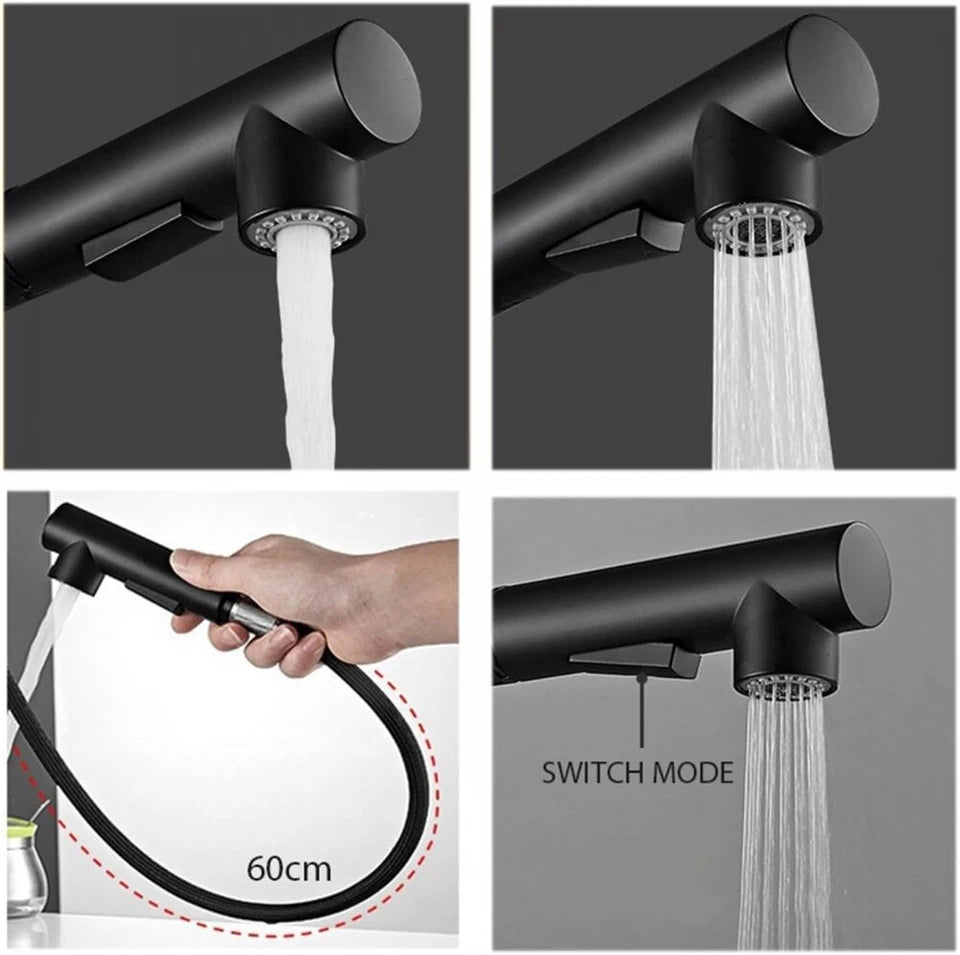 Black Kitchen Sink Faucet Pull Out 2-Mode Spray 360 Rotate Mixer Tap