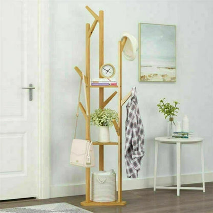 165cm Bamboo Clothes Tree Stand with Shelf Tripod Base
