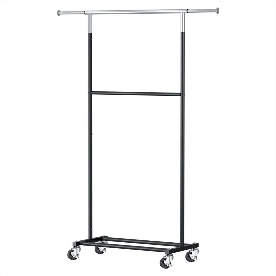 Double Rod Clothes Rack with Shelf & Wheels