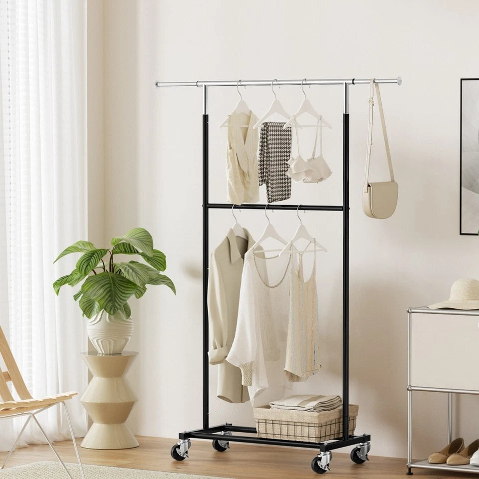 Double Rod Clothes Rack with Shelf & Wheels