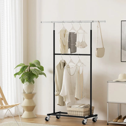 Double Rod Clothes Rack with Shelf & Wheels