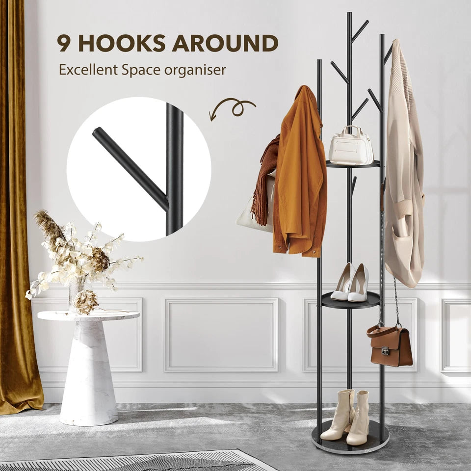 9 Hook Coat Rack Clothes Metal Tree Stand Hat Bag Hanger Holder Closet Black